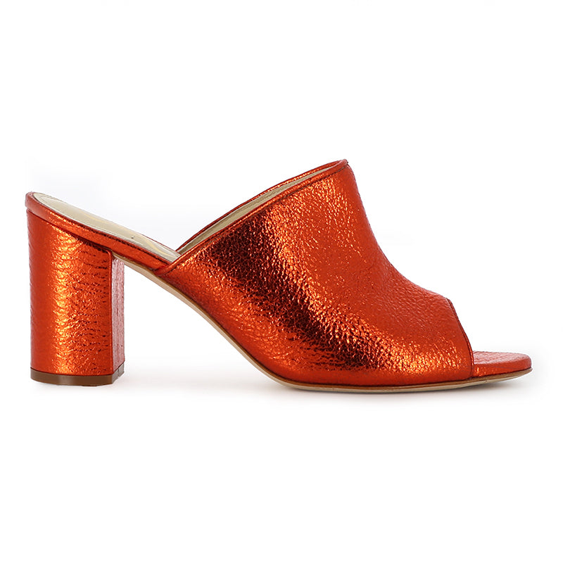 mules cuir orange metallise talon carre chaussure bout ouvert arizona