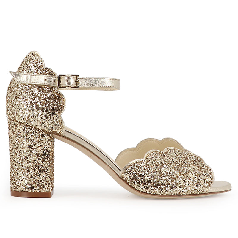 sandale de mariage talon carré en paillettes or champagne