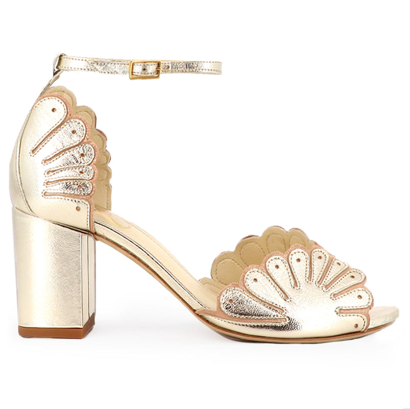 sandale mariage talon carré cuir métallisé champagne