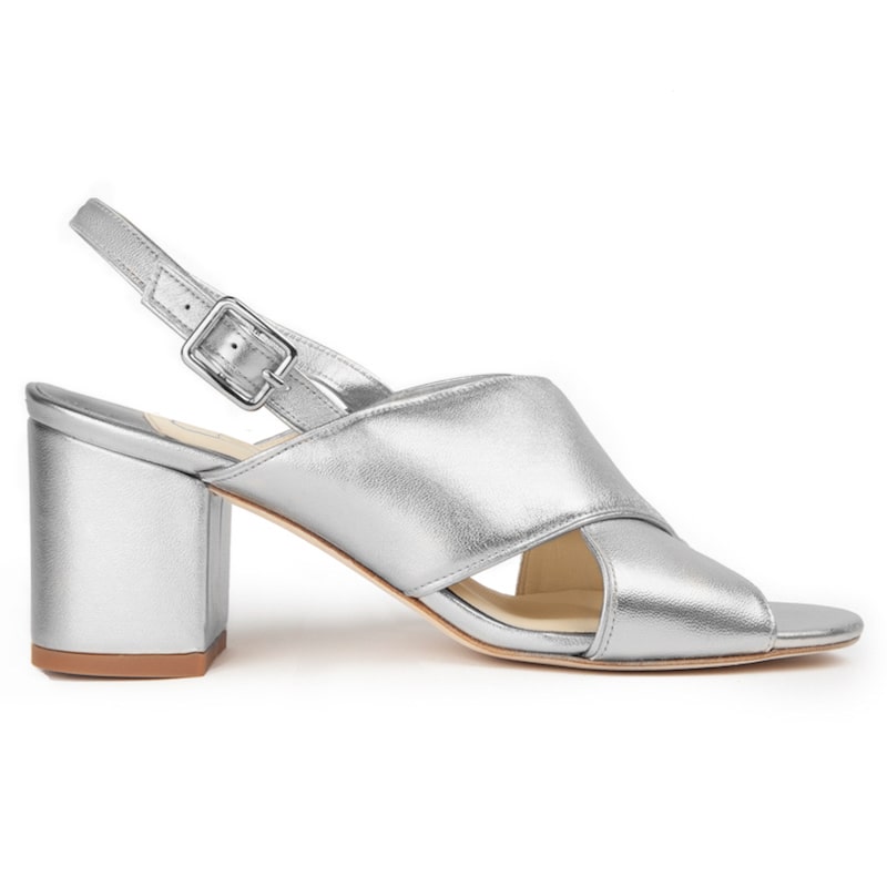 sandale talon carré mariage cuir métallisé argent 